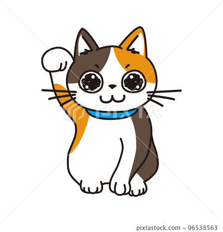 一隻眼睛閃閃發光的三色貓，擺出招財貓的樣子 96538563