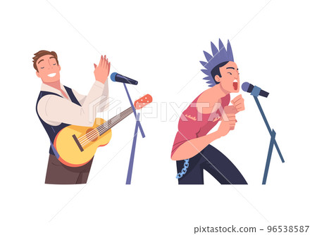 Man Singer and Musician with Microphone Performing Music on Stage Vector Set 96538587