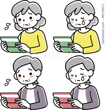 Upper body set of a senior woman looking at a bankbook with a troubled expression Upper body set of a senior woman looking at a bankbook with a troubled expression 96539411