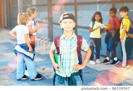 Confident tweenager posing near school during break between lessons Confident tweenager posing near school during break between lessons 96539547