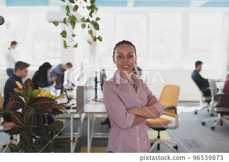 Portrait of young smiling business woman in creative open space coworking startup office. Successful businesswoman standing in office with copyspace. Coworkers working in background. 96539873