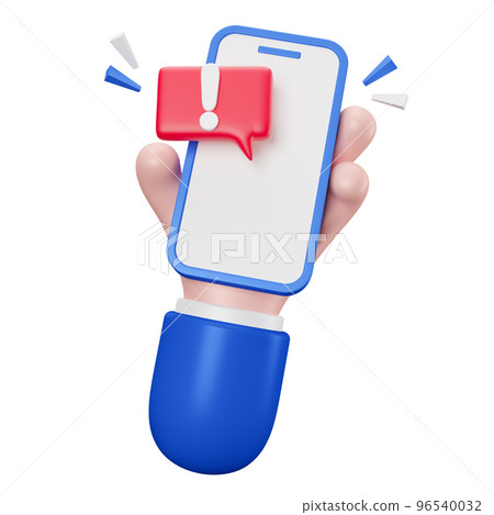 Hand holding mobile phone with red danger alarm bell or emergency notifications alert on white background. 3D rendering. Hand holding mobile phone with red danger alarm bell or emergency notifications alert on white background. 3D rendering. 96540032