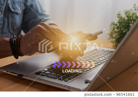 Casual Businessman Touching Mobile Phone and Blue Orange Fishbone Loading Module 96541681