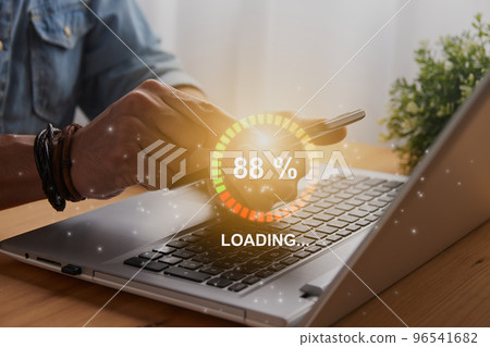 Casual Businessman Touching Mobile Phone and Green Red Circle Loading Module 96541682