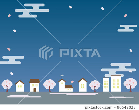 Background illustration material of the cityscape in the spring night with cherry blossoms Background illustration material of the cityscape in the spring night with cherry blossoms 96542025