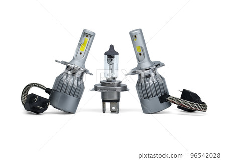 H4 halogen lamp and LED headlight bulbs on white 96542028
