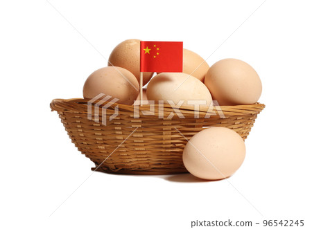Basket of Farm Fresh Eggs With Flag of China Isolated on White Background Basket of Farm Fresh Eggs With Flag of China Isolated on White Background 96542245