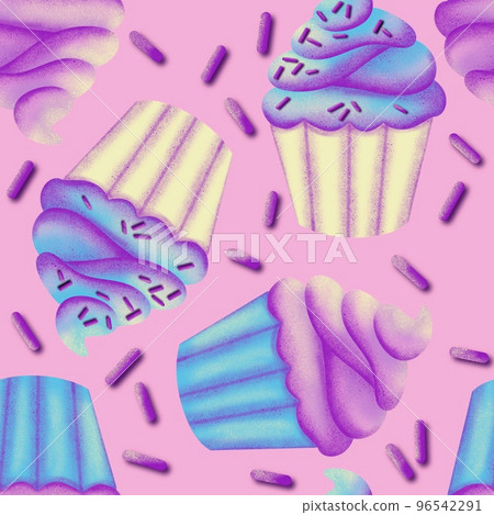 Hand drawn seamless pattern with cupcake pastry bakery baking food. Pastel blue pink purple sweet tasty candy dreamy dessert design, trendy holographic bithday party background. 96542291