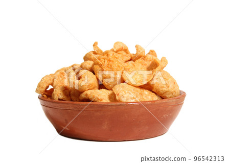 Bowl of Fried Pork Skins Isolated on White Background 96542313