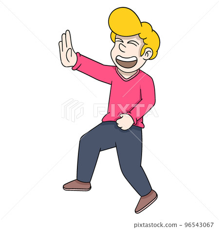 illustration of a man laughing with a refusing hand gesture illustration of a man laughing with a refusing hand gesture 96543067