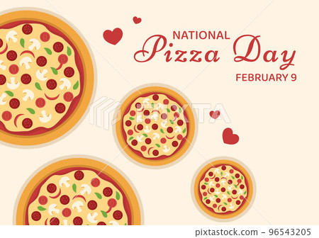 National Pizza Day on Celebration February 9 by Consuming Various Slice in Flat Cartoon Style Background Hand Drawn Templates Illustration 96543205
