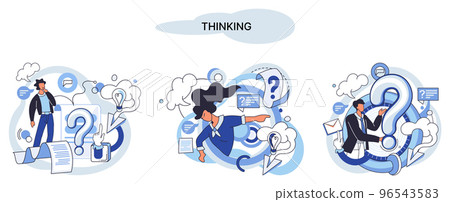 Problem solving concept, woman wondering or thinking, planning or pondering, with question mark Problem solving concept, woman wondering or thinking, planning or pondering, with question mark 96543583