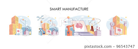 Manufacturing process, automated production line, delivery and distribution robots machinery industry 4.0 Manufacturing process, automated production line, delivery and distribution robots machinery industry 4.0 96543747