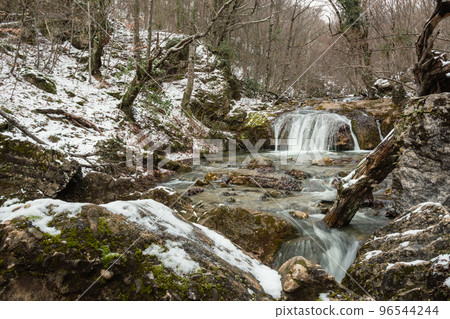 Cascades of Djur-Djur waterfall on Ulu-Uzen river in early spring. Khapkhalskiy canyon in Crimea 96544244
