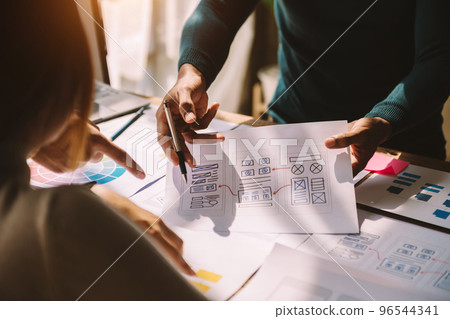 UX developer and ui designer brainstorming about mobile app interface wireframe design with customer breif and color code at modern office. UX developer and ui designer brainstorming about mobile app interface wireframe design with customer breif and color code at modern office. 96544341