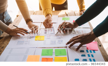 UX developer and ui designer brainstorming about mobile app interface wireframe design with customer breif and color code at modern office. UX developer and ui designer brainstorming about mobile app interface wireframe design with customer breif and color code at modern office. 96544343