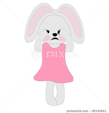 A bunny girl in a pink dress cries, covering her muzzle with her paws. Symbol of 2023. Coloring book for children. Vector image. A bunny girl in a pink dress cries, covering her muzzle with her paws. Symbol of 2023. Coloring book for children. Vector image. 96544841