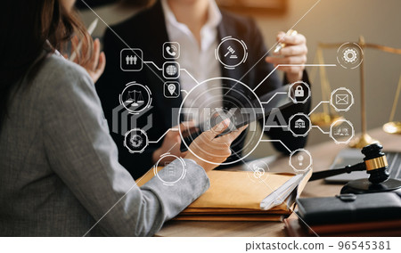 business people and lawyers discussing contract papers sitting at the table. Concepts of law, advice, legal services. with VR icon 96545381