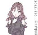 A woman who puts her finger on her lips with an upward look, brown hair x black blouse 96545503