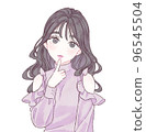 A woman who puts her finger on her lips with an upturned black hair x purple blouse 96545504