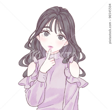 A woman who puts her finger on her lips with an upturned black hair x purple blouse A woman who puts her finger on her lips with an upturned black hair x purple blouse 96545504
