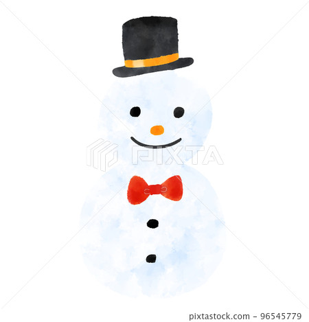 Watercolor illustration of a snowman wearing a top hat 96545779