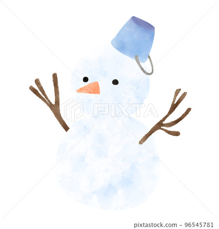 Watercolor illustration of a snowman wearing a bucket hat 96545781