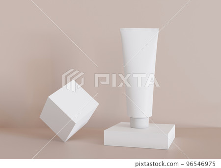 White and blank, unbranded cosmetic cream tube with simple geometric forms. Skin care product presentation on cream background. Modern mockup. Tube with copy space. 3D rendering. 96546975