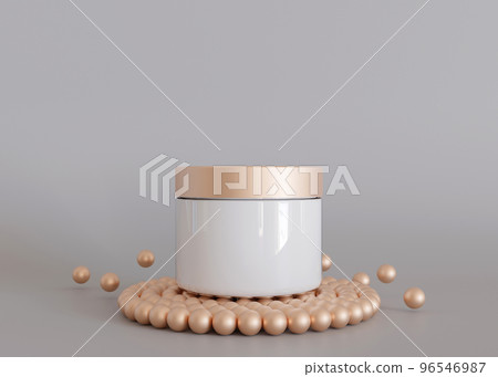 White and blank, unbranded cosmetic cream jar standing on podium with pearls. Skin care product presentation on gray background. Luxury mockup. Beauty and spa. Jar with copy space. 3D render. 96546987