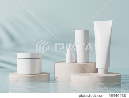 Group of white and blank, unbranded cosmetic cream jars and tubes on blue background. Skin care product presentation. Elegant mockup. Skincare, beauty and spa. Jar, tube with copy space. 3D rendering. 96546988
