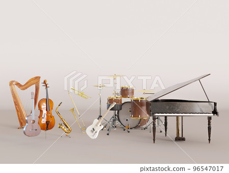 Different musical instruments on beige background. Copy space for text, advertising, logo. Piano, guitar, saxophone, drums. Music school concept. Musical education. 3D rendering. Different musical instruments on beige background. Copy space for text, advertising, logo. Piano, guitar, saxophone, drums. Music school concept. Musical education. 3D rendering. 96547017