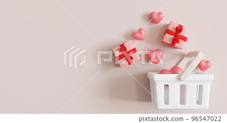 Shopping basket with gift boxes and hearts on beige background with empty space for text, copy space. Buying presents. Valentine's Day, Mother's or Woman's Day shopping, sale. 3D illustration. Shopping basket with gift boxes and hearts on beige background with empty space for text, copy space. Buying presents. Valentine's Day, Mother's or Woman's Day shopping, sale. 3D illustration. 96547022