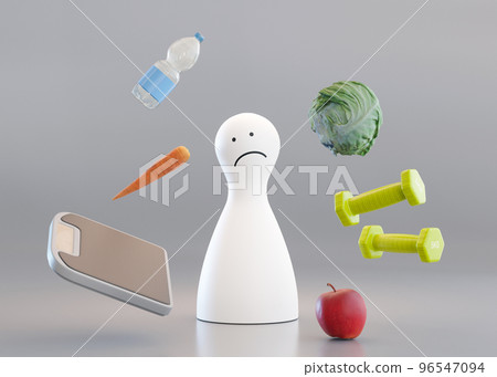 Sad, depressed person has problems with weight. Try to be fit, lose weight. Trying to eat healthy and make sport. Confusion, anxiety. Worrying about body shape. Diet is disappointing. 3D rendering. Sad, depressed person has problems with weight. Try to be fit, lose weight. Trying to eat healthy and make sport. Confusion, anxiety. Worrying about body shape. Diet is disappointing. 3D rendering. 96547094