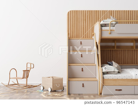 Empty white wall in modern child room. Mock up interior in scandinavian, boho style. Copy space for your picture or poster. Bed, rattan rocking horse, toys. Cozy room for kids. 3D rendering. 96547143