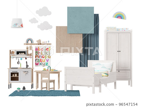 Interior design mood board with isolated modern childs room furniture, home accessories, materials. Furniture store, details. Interior project for kids room. Contemporary style, collage. 3d render. 96547154