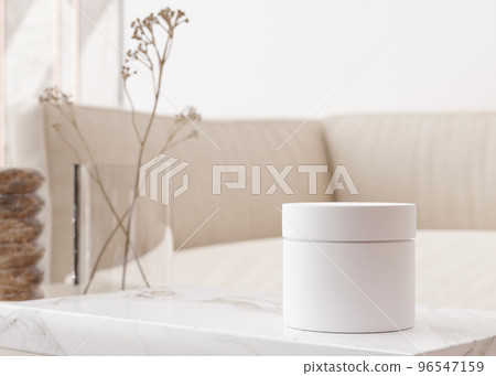 White and blank, unbranded cosmetic cream jar standing on the table at home. Skin care product presentation. Elegant mockup. Skincare, beauty and spa. Jar with copy space. 3D rendering. White and blank, unbranded cosmetic cream jar standing on the table at home. Skin care product presentation. Elegant mockup. Skincare, beauty and spa. Jar with copy space. 3D rendering. 96547159