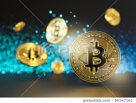 Cryptocurrency golden bitcoin coins with neon lights. Symbol of crypto currency - electronic virtual money for web banking and international network payment. Business, finance, technology. 3D render. Cryptocurrency golden bitcoin coins with neon lights. Symbol of crypto currency - electronic virtual money for web banking and international network payment. Business, finance, technology. 3D render. 96547161