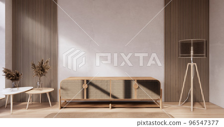 Cabinet wooden japandi design on living room wabi sabi style empty wall background Cabinet wooden japandi design on living room wabi sabi style empty wall background 96547377