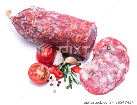 Sliced Smoked dry Salami sausage isolated on white background 96547434
