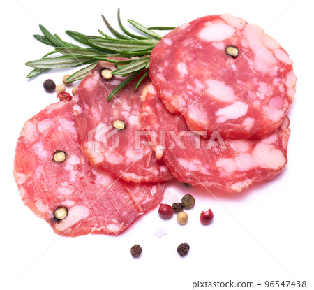 Sliced Smoked dry Salami sausage isolated on white background Sliced Smoked dry Salami sausage isolated on white background 96547438