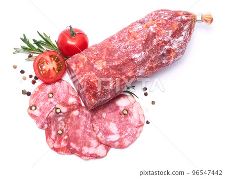 Sliced Smoked dry Salami sausage isolated on white background Sliced Smoked dry Salami sausage isolated on white background 96547442