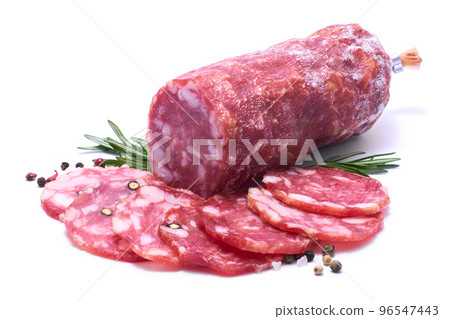 Sliced Smoked dry Salami sausage isolated on white background Sliced Smoked dry Salami sausage isolated on white background 96547443