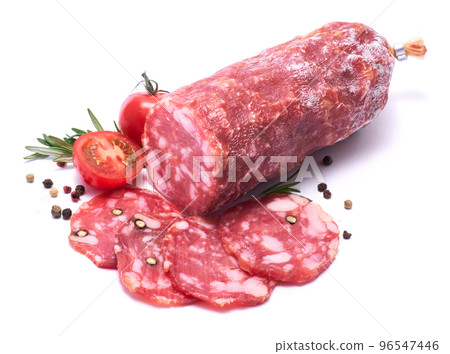 Sliced Smoked dry Salami sausage isolated on white background Sliced Smoked dry Salami sausage isolated on white background 96547446