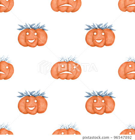 Seamless watercolor pattern - composition of cartoon halloween pumpkins. Orange pumpkins with carved scary smiling cute glowing faces. Vegetable pumpkin decoration or festive spooky happy face Seamless watercolor pattern - composition of cartoon halloween pumpkins. Orange pumpkins with carved scary smiling cute glowing faces. Vegetable pumpkin decoration or festive spooky happy face 96547892