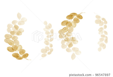 Watercolor floral frames - composition of golden leaves and branches of eucalyptus. Perfect for wrappers, wallpapers, postcards, greeting cards, wedding invitations Watercolor floral frames - composition of golden leaves and branches of eucalyptus. Perfect for wrappers, wallpapers, postcards, greeting cards, wedding invitations 96547897