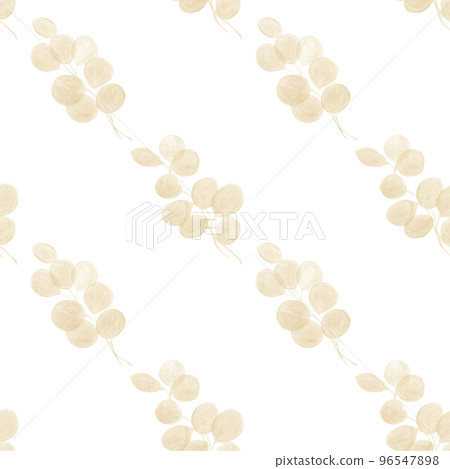 Seamless watercolor floral pattern - composition of golden leaves and branches of eucalyptus. Ideal for wrappers, wallpapers, postcards, greeting cards, wedding invitations 96547898