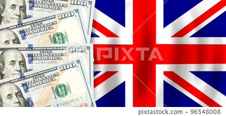 Dollars on flag of England, UK finance, subsidies, social support, GDP concept 96548008