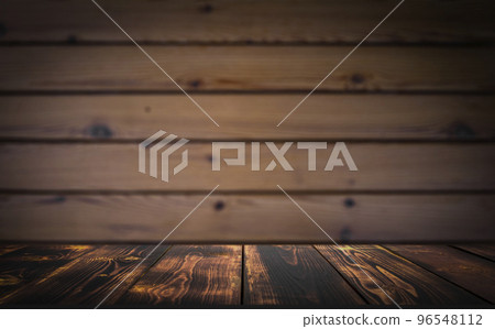 Wooden table background. Old rustic wooden planks and board with dark texture desk for food product or drink.  96548112