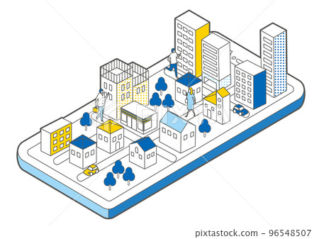 Isometric_simple_online virtual city illustration 96548507