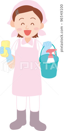 Cleaning job _ cleaning staff _ young woman with cleaning tools _ whole body Cleaning job _ cleaning staff _ young woman with cleaning tools _ whole body 96549100